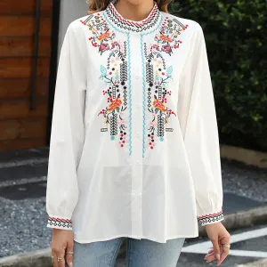 Buddha Stones White Casual Embroidery Plants Flower Pattern Button Stand Collar Cotton Women's Shirt