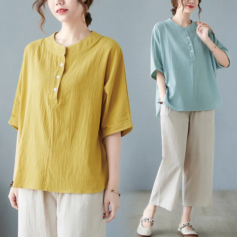 Buddha Stones Women's Plain Batwing Sleeve Design Half Sleeve Cotton Linen Shirt