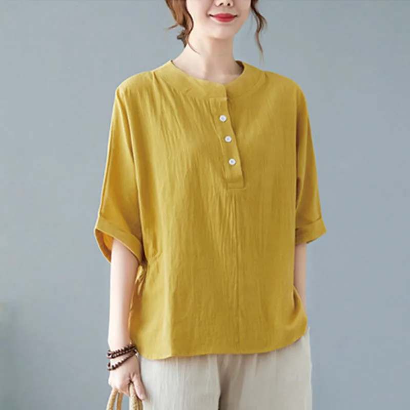 Buddha Stones Women's Plain Batwing Sleeve Design Half Sleeve Cotton Linen Shirt
