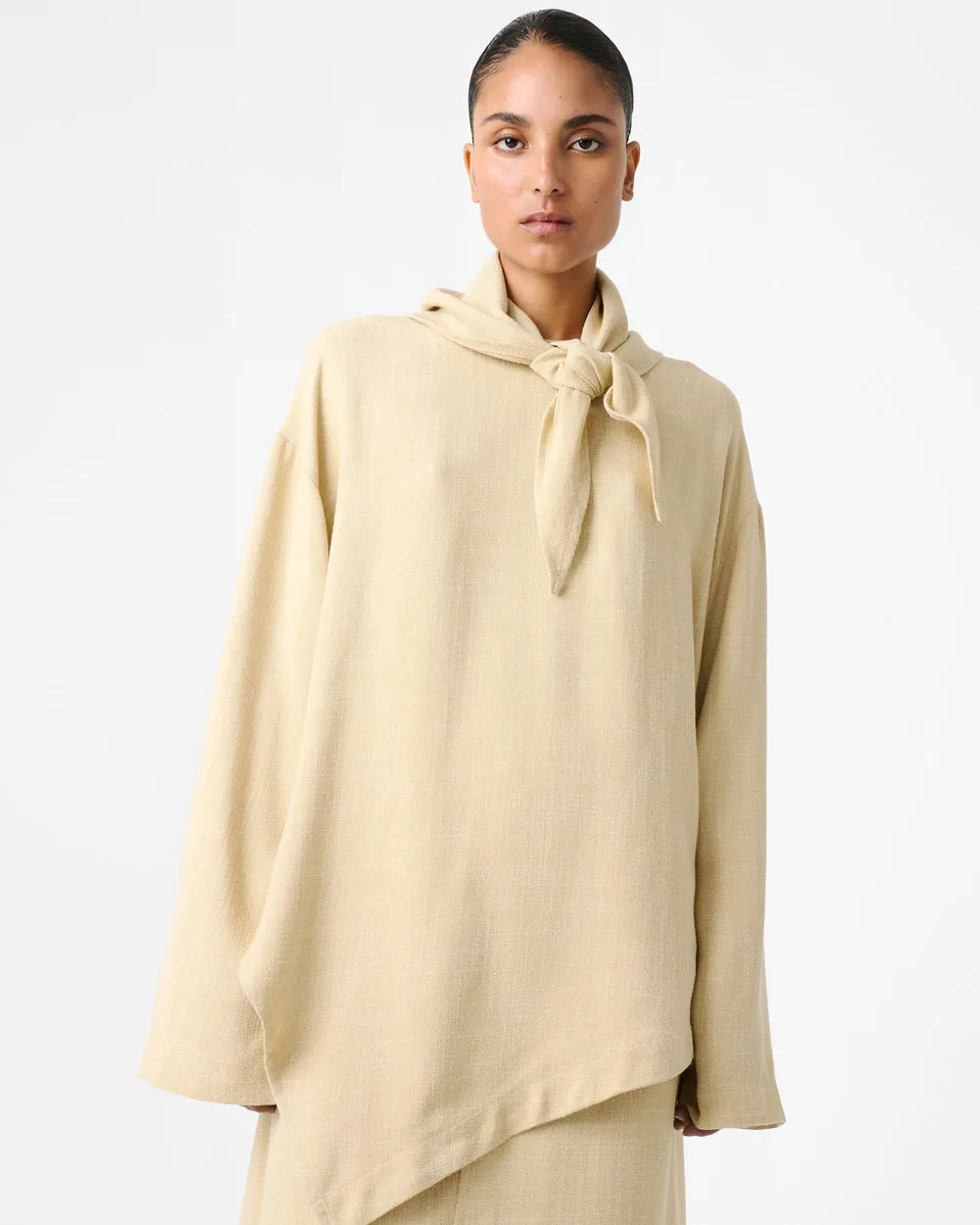Bute - Assymetric Hem Top With Detachable Scarf - Straw