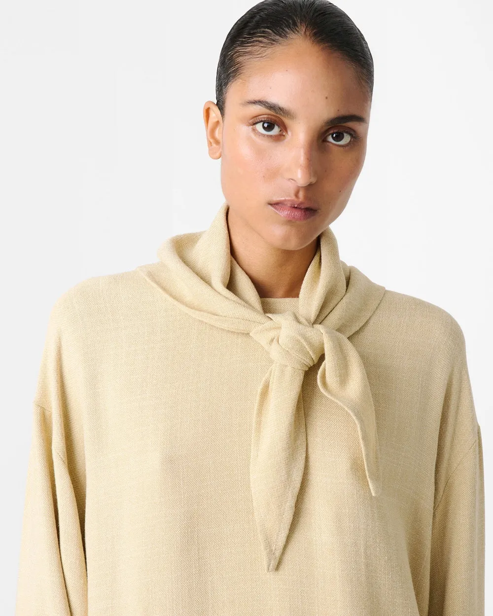Bute - Assymetric Hem Top With Detachable Scarf - Straw