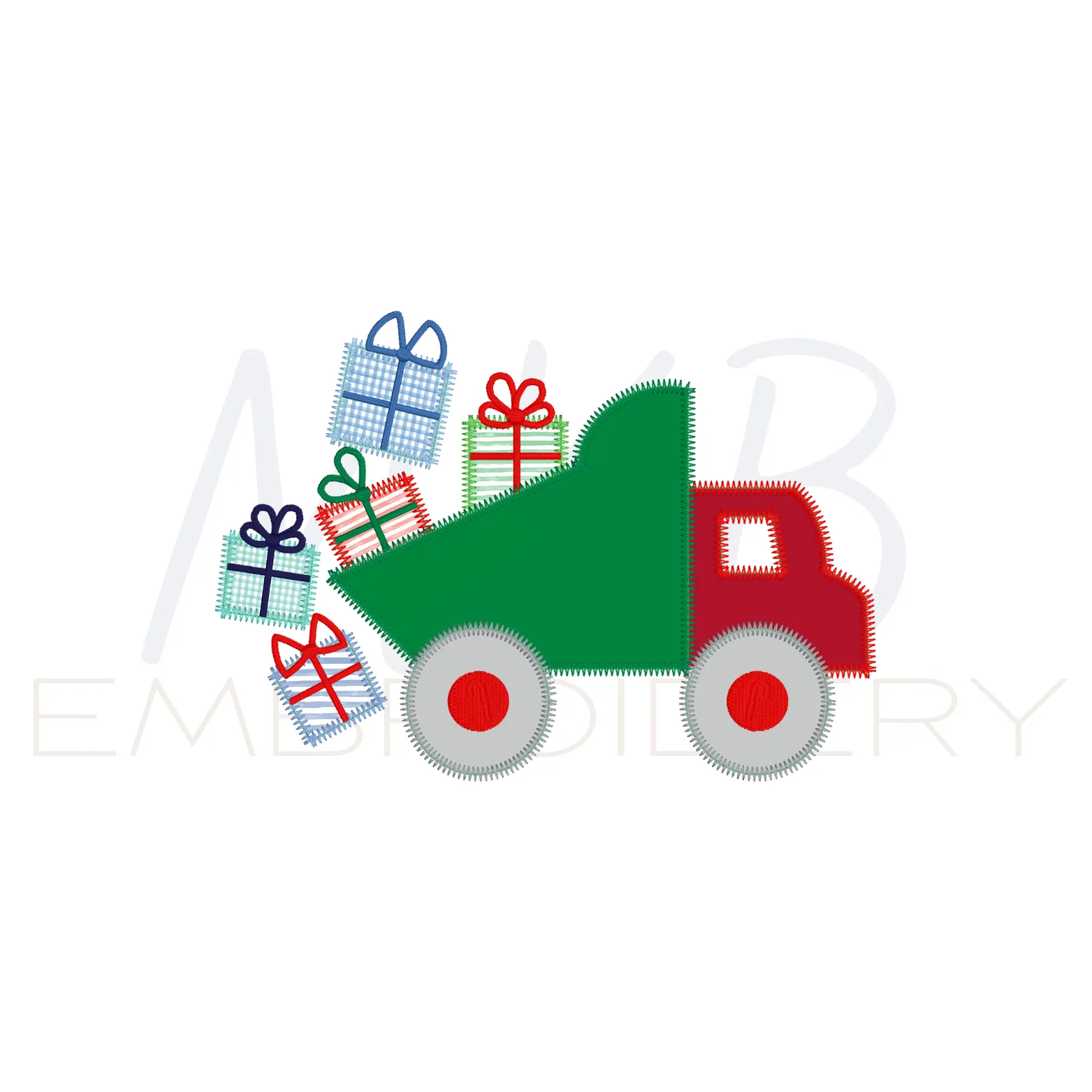 Christmas Present Dump Truck Zig Zag Stitch Applique Embroidery Design