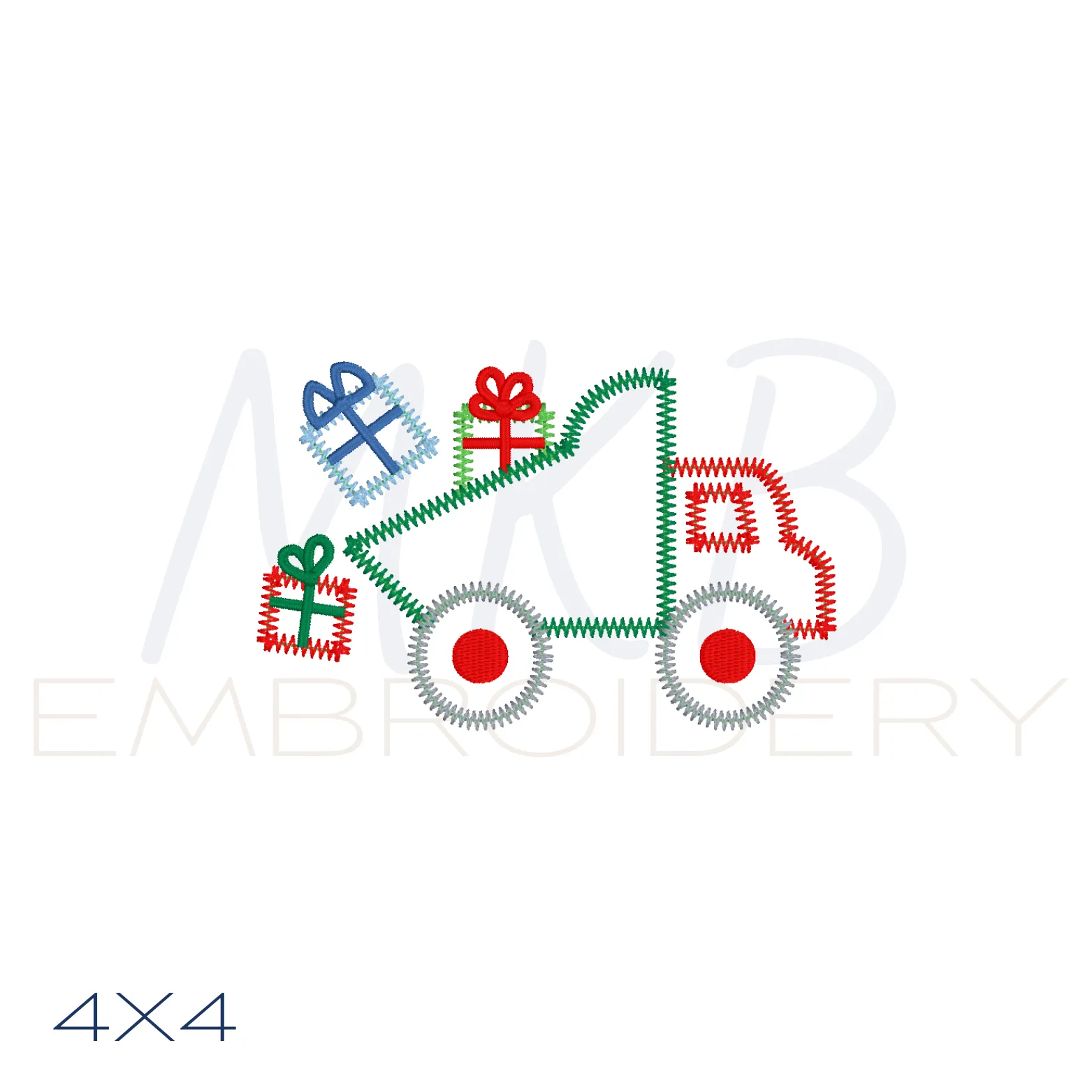 Christmas Present Dump Truck Zig Zag Stitch Applique Embroidery Design