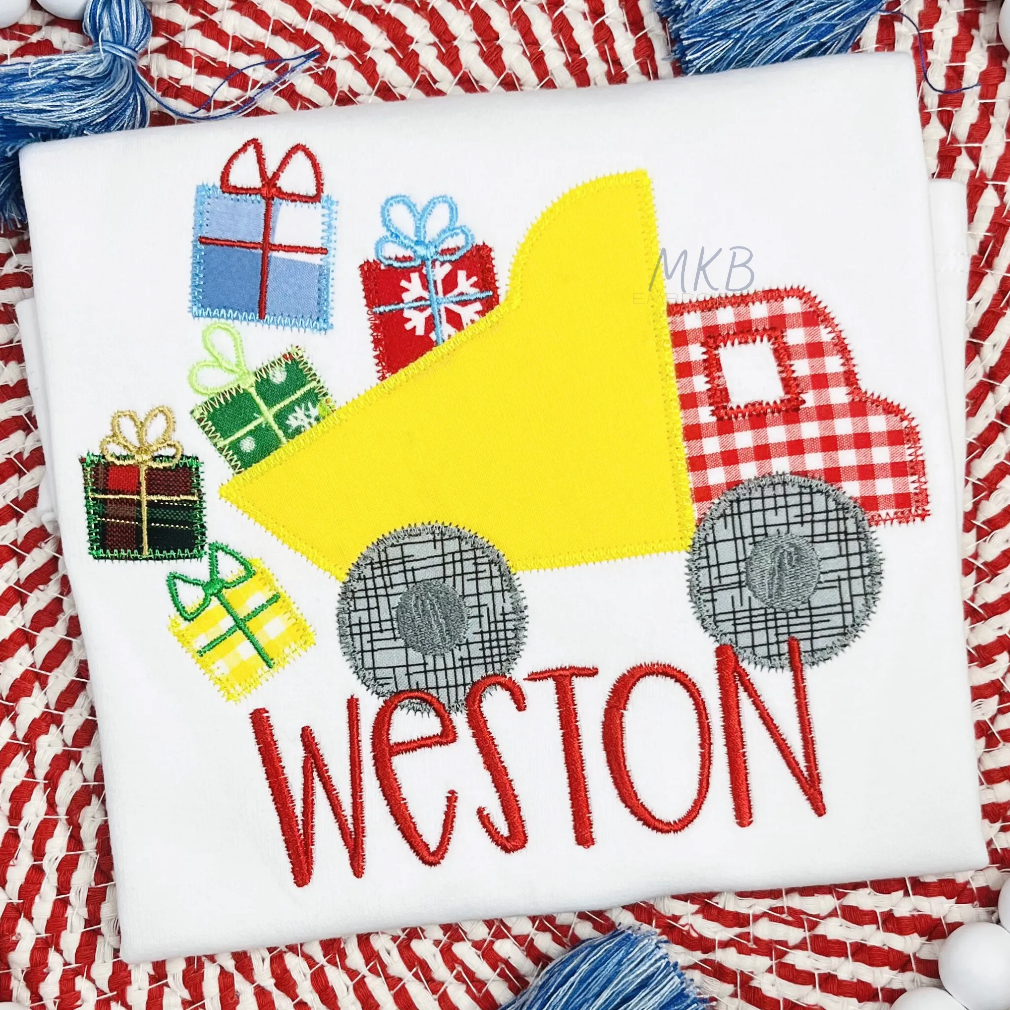 Christmas Present Dump Truck Zig Zag Stitch Applique Embroidery Design