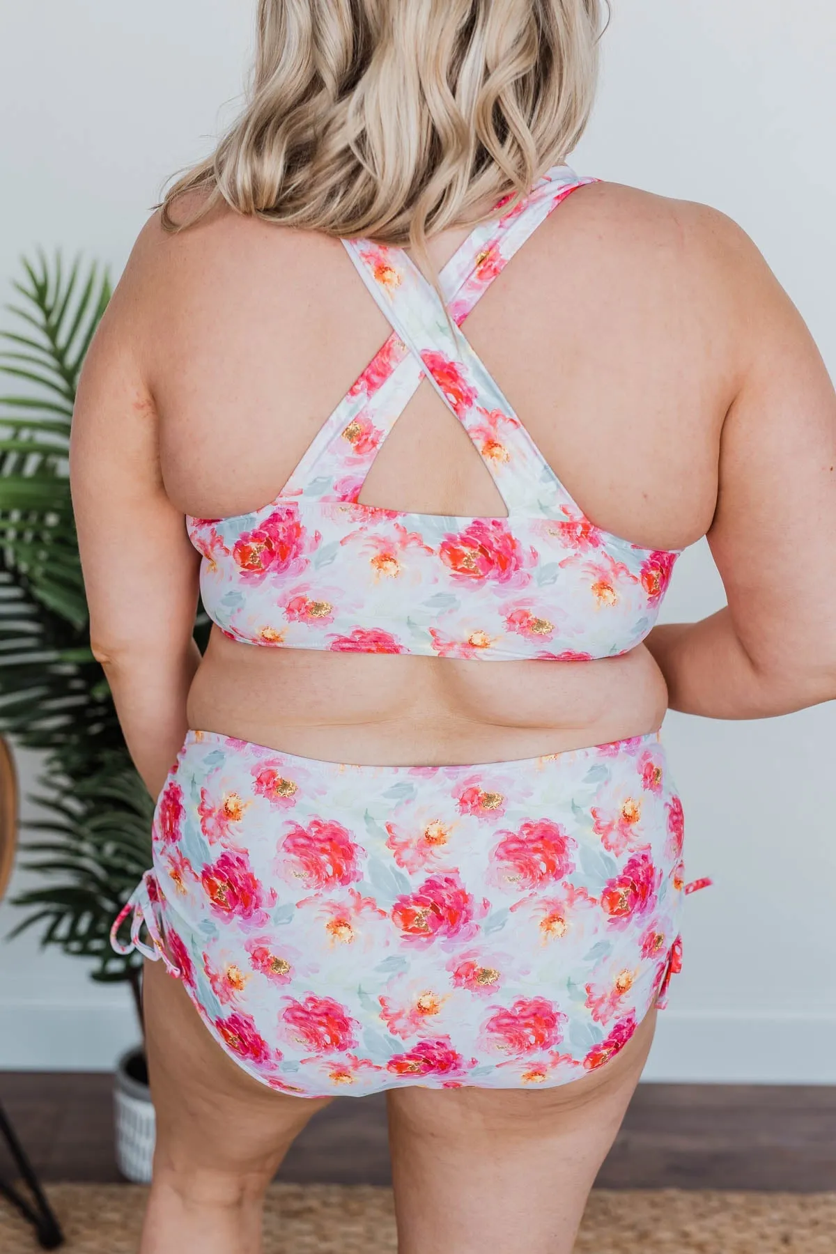 Cool By The Pool Ruched Swim Bottoms- Ivory & Pink Floral
