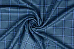Dark Green Tweed Fabric with Light Blue & Black Big Checks ( 2 Meter Cut Piece)