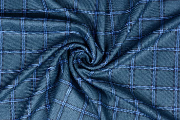 Dark Green Tweed Fabric with Light Blue & Black Big Checks ( 2 Meter Cut Piece)