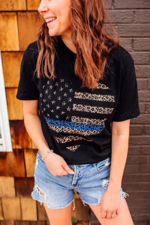 Distressed Leopard Heart Flag © Unisex Tee (Thin Blue Line)