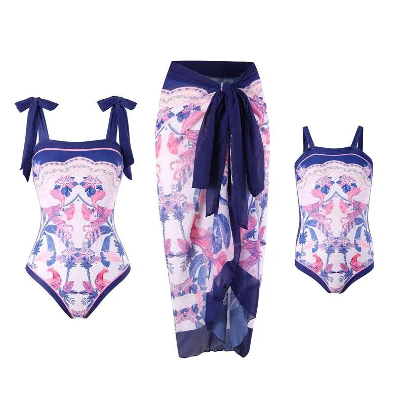 Elegant Mother Daughter Matching One-Piece Swimsuit with Patterned Mesh Skirt  Family Beachwear Set