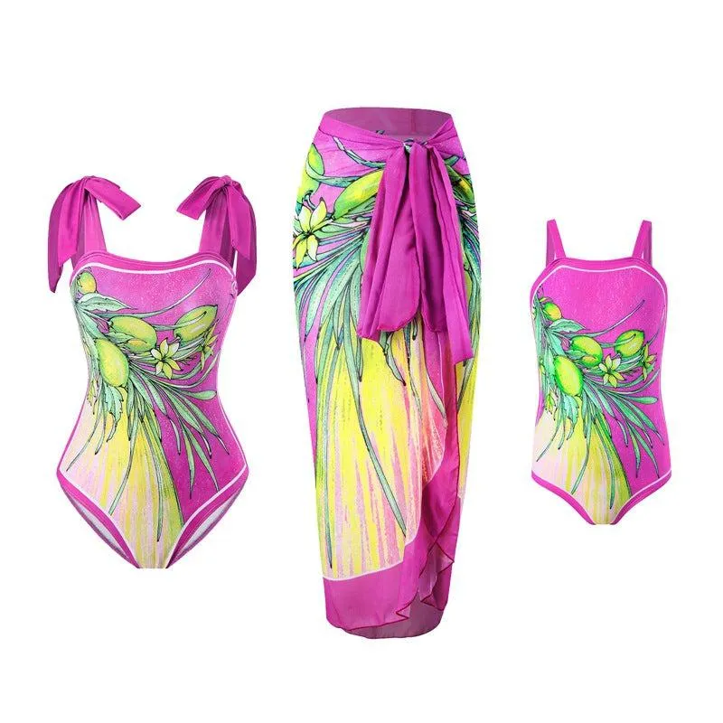Elegant Mother Daughter Matching One-Piece Swimsuit with Patterned Mesh Skirt  Family Beachwear Set