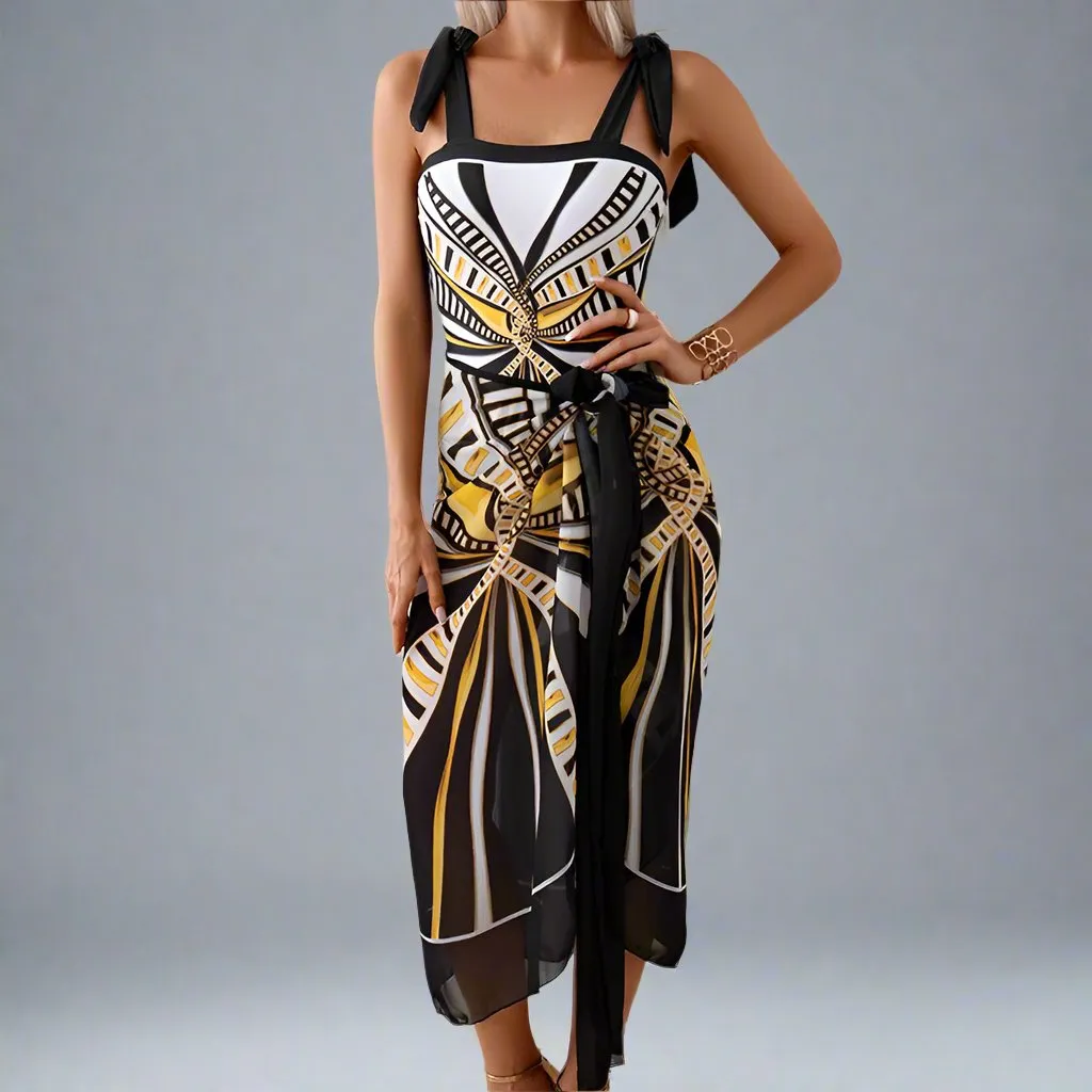 Elegant Mother Daughter Matching One-Piece Swimsuit with Patterned Mesh Skirt  Family Beachwear Set