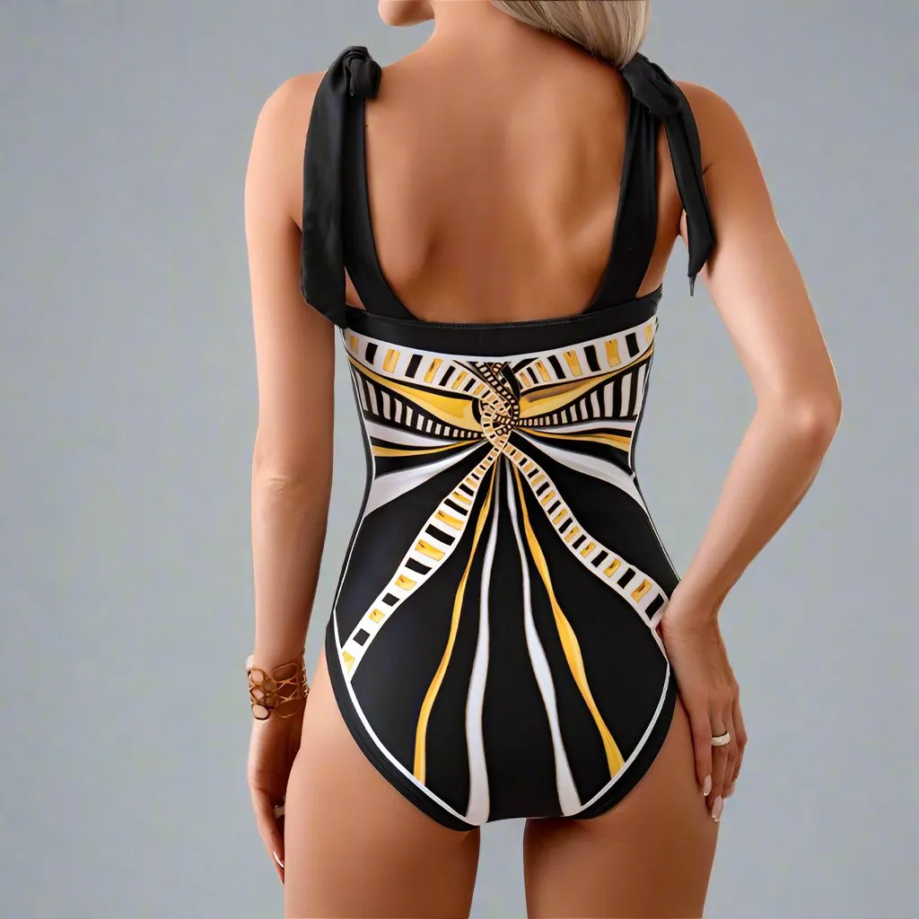 Elegant Mother Daughter Matching One-Piece Swimsuit with Patterned Mesh Skirt  Family Beachwear Set