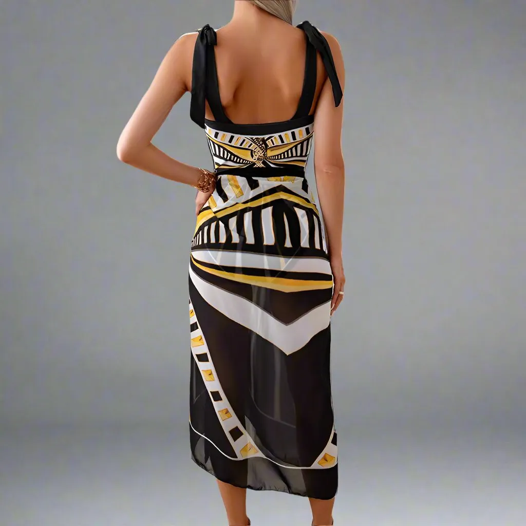 Elegant Mother Daughter Matching One-Piece Swimsuit with Patterned Mesh Skirt  Family Beachwear Set