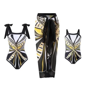 Elegant Mother Daughter Matching One-Piece Swimsuit with Patterned Mesh Skirt  Family Beachwear Set