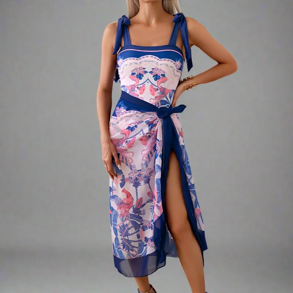 Elegant Mother Daughter Matching One-Piece Swimsuit with Patterned Mesh Skirt  Family Beachwear Set