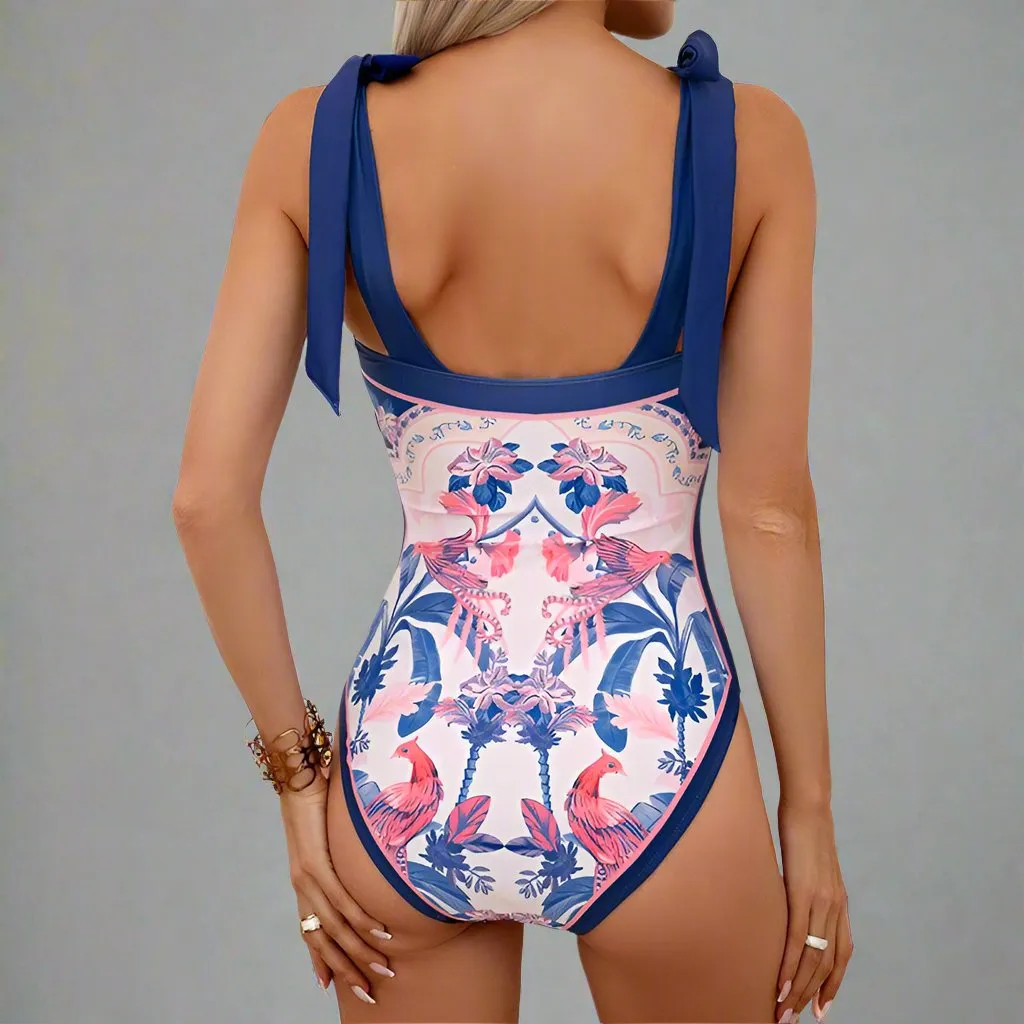 Elegant Mother Daughter Matching One-Piece Swimsuit with Patterned Mesh Skirt  Family Beachwear Set