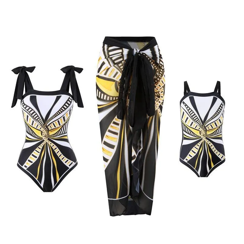 Elegant Mother Daughter Matching One-Piece Swimsuit with Patterned Mesh Skirt  Family Beachwear Set