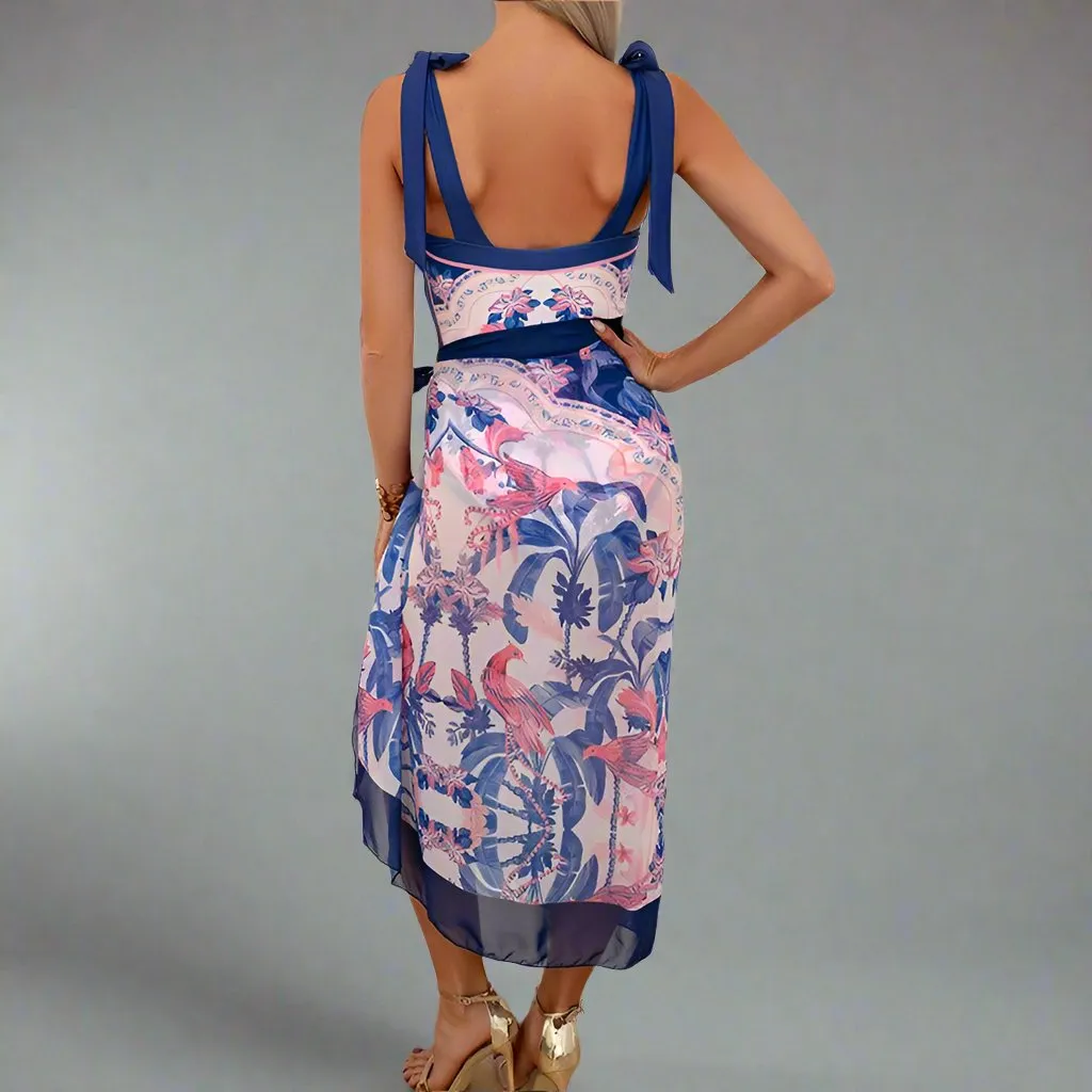 Elegant Mother Daughter Matching One-Piece Swimsuit with Patterned Mesh Skirt  Family Beachwear Set