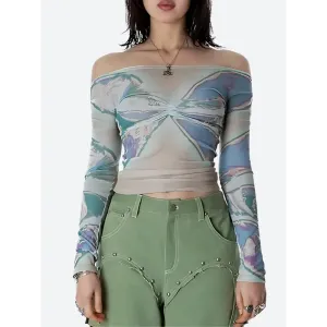 Fairycore Butterfly Print Mesh Top Perfect for Y2K Style