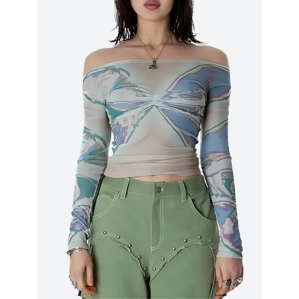 Fairycore Butterfly Print Mesh Top Perfect for Y2K Style