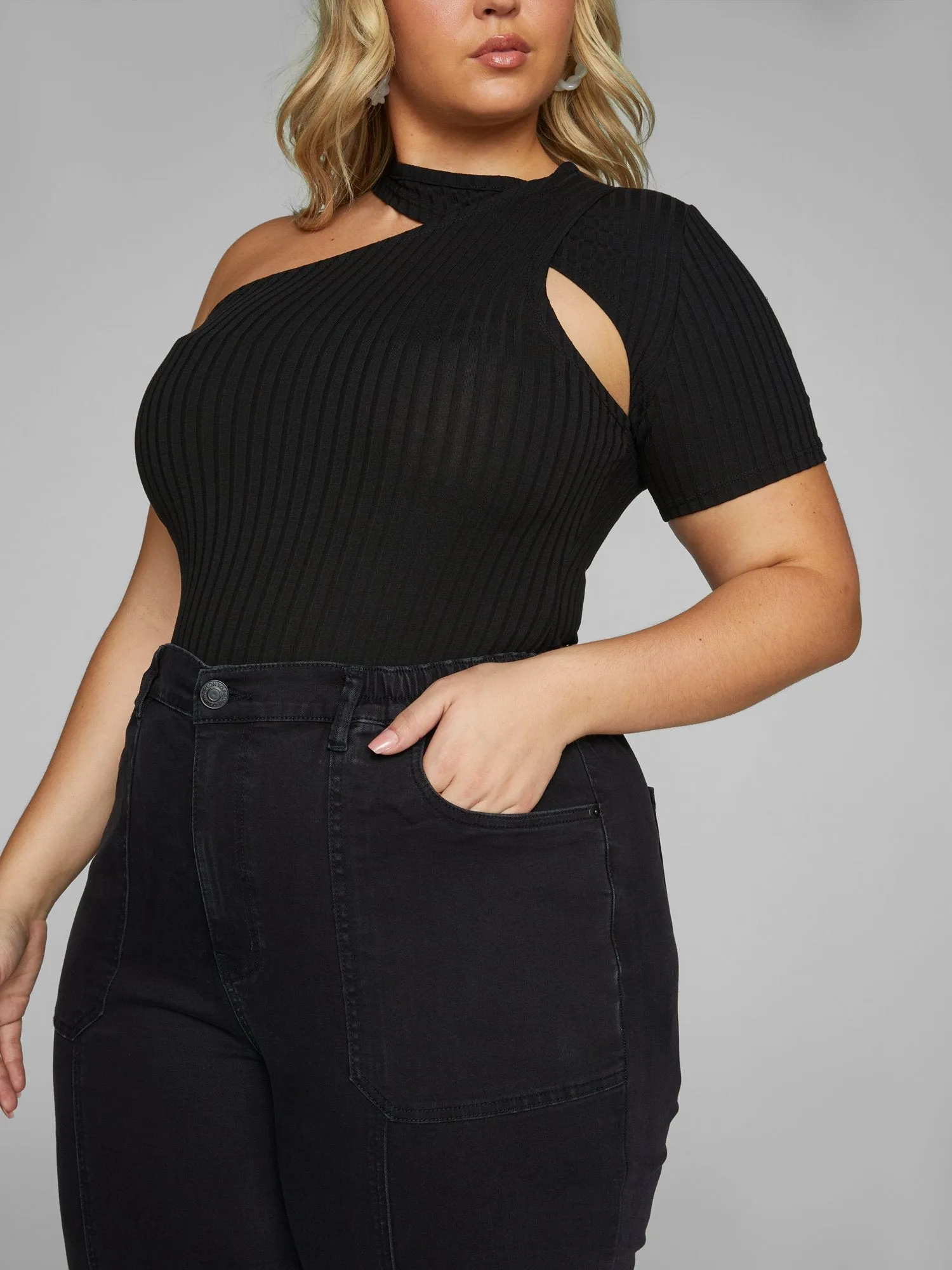 Fashion To Figure - Erika Ribbed Knit Open Shoulder Top