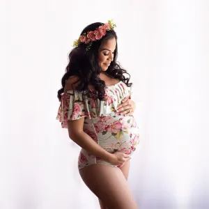 Floral Print Maternity Photography Bodysuits Slash Neck Floral Ruffles