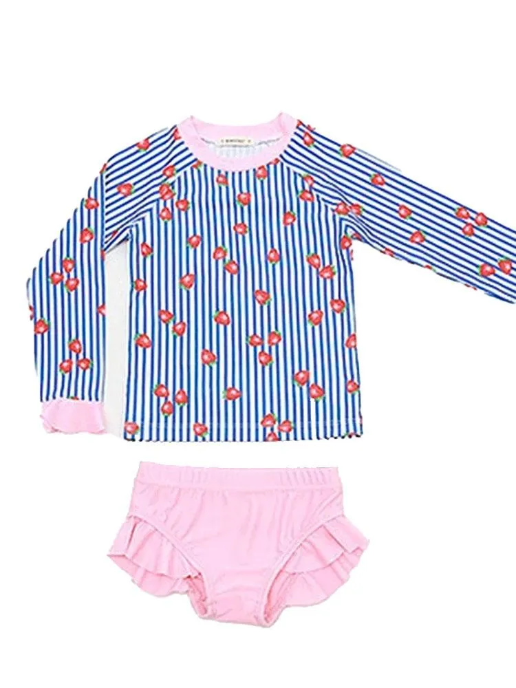 Girls 2 Piece Frilled Swimming Costume in Strawberry Stripe 4 to 5Y