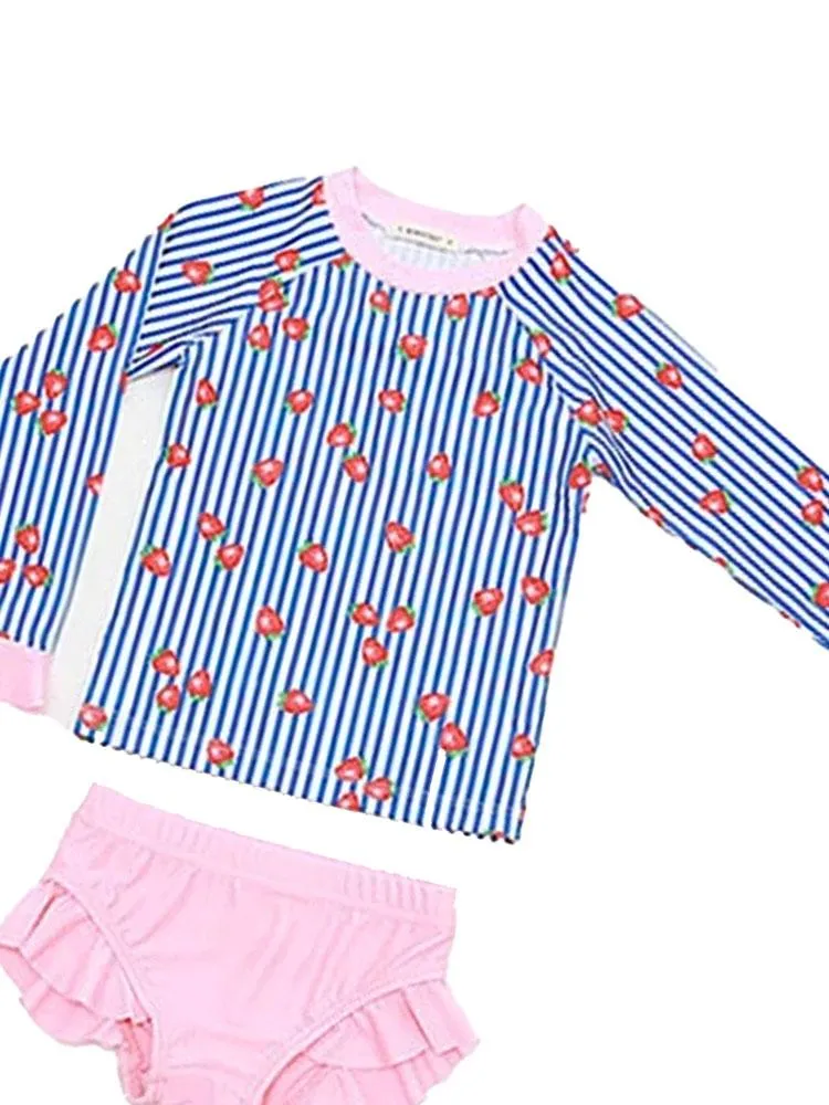 Girls 2 Piece Frilled Swimming Costume in Strawberry Stripe 4 to 5Y