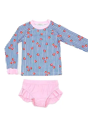 Girls 2 Piece Frilled Swimming Costume in Strawberry Stripe 4 to 5Y