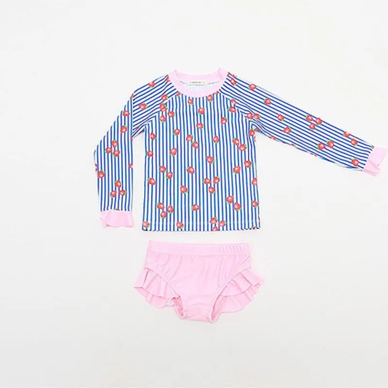 Girls 2 Piece Frilled Swimming Costume in Strawberry Stripe 4 to 5Y