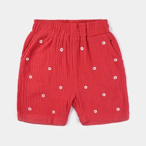 Girls Cotton EMB Short Red Flowers