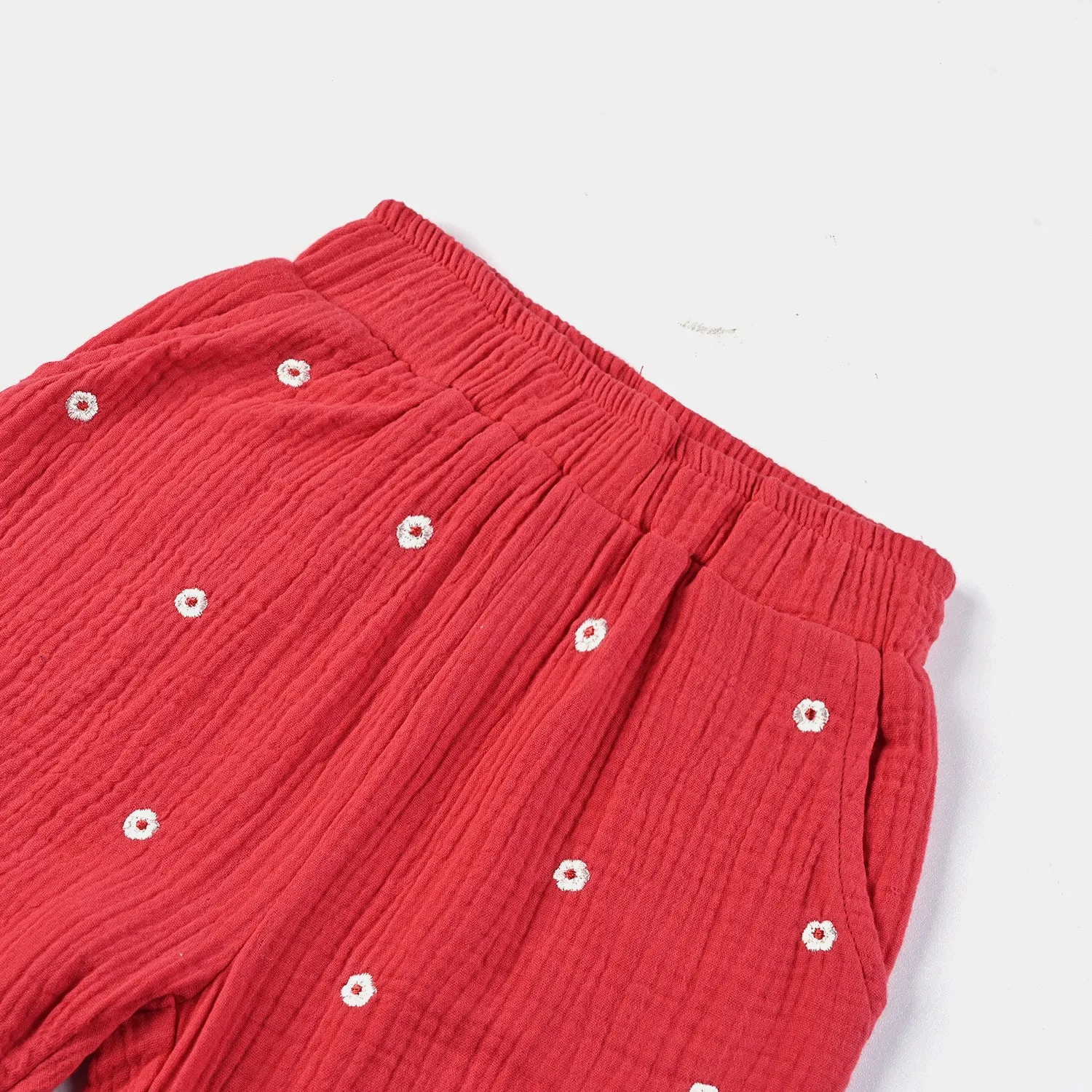 Girls Cotton EMB Short Red Flowers