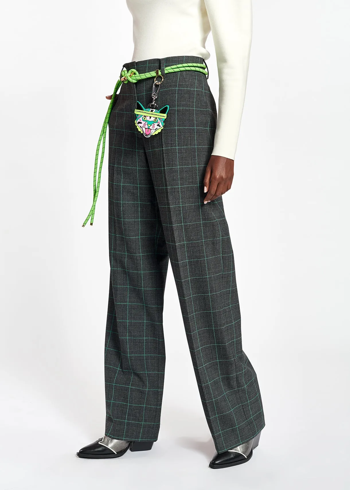 Grey and green checked wide leg pants