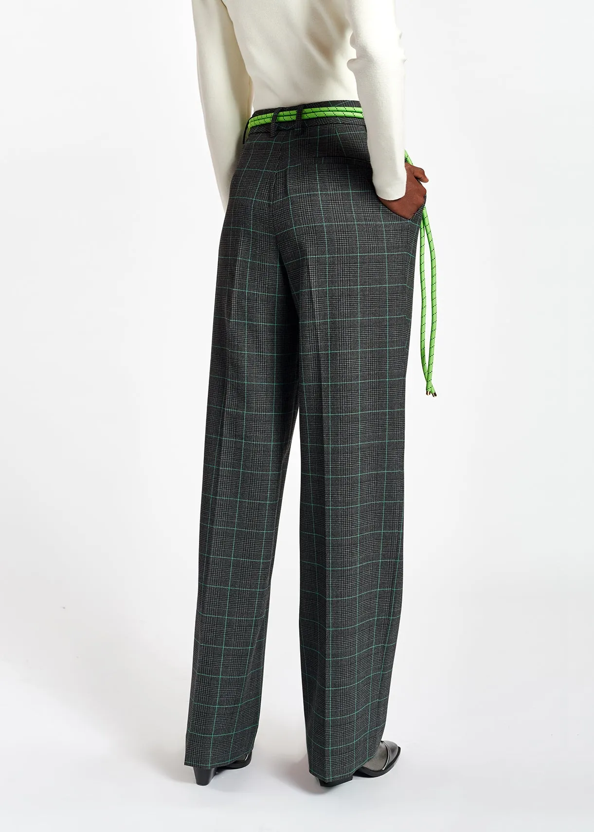 Grey and green checked wide leg pants