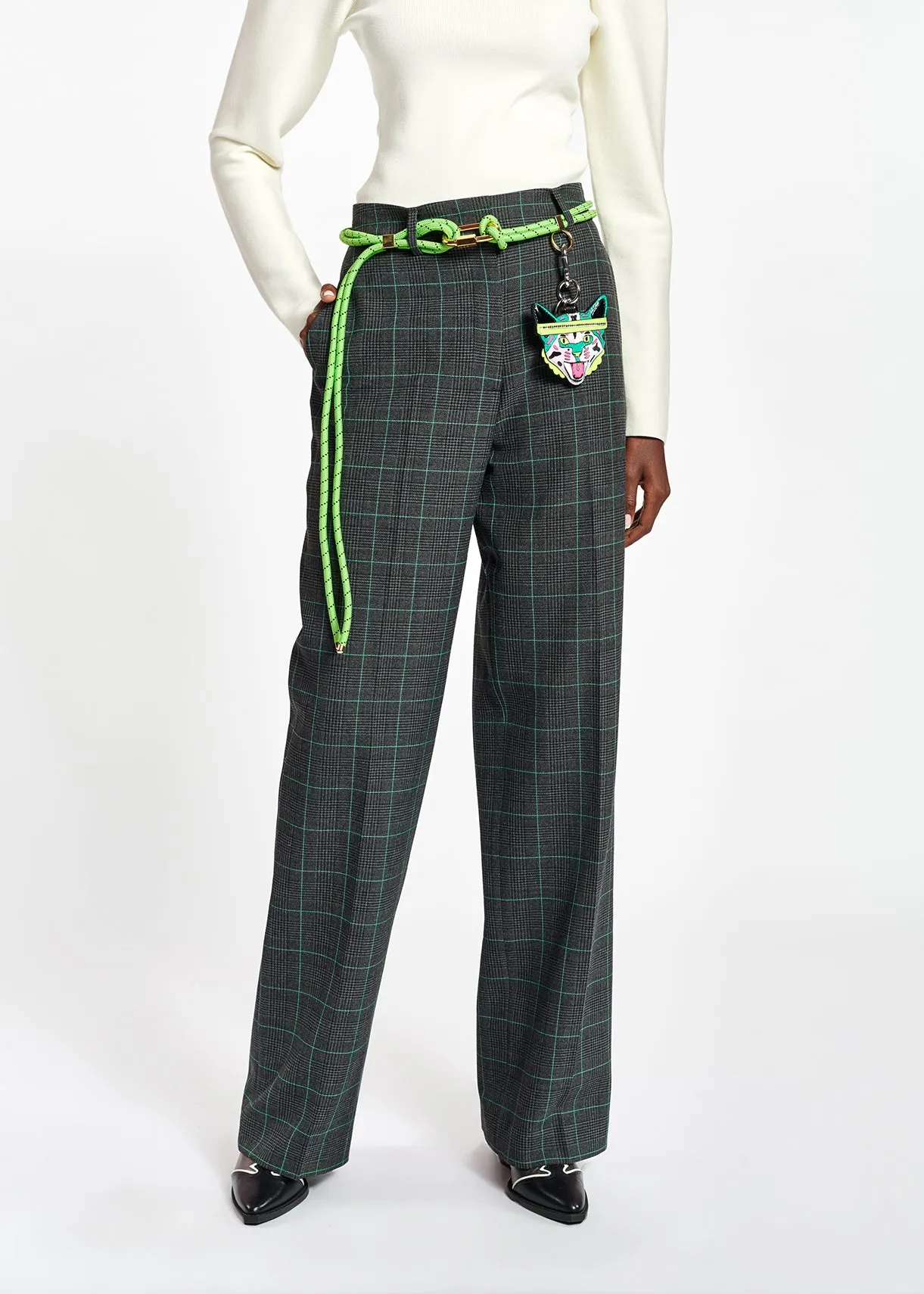 Grey and green checked wide leg pants