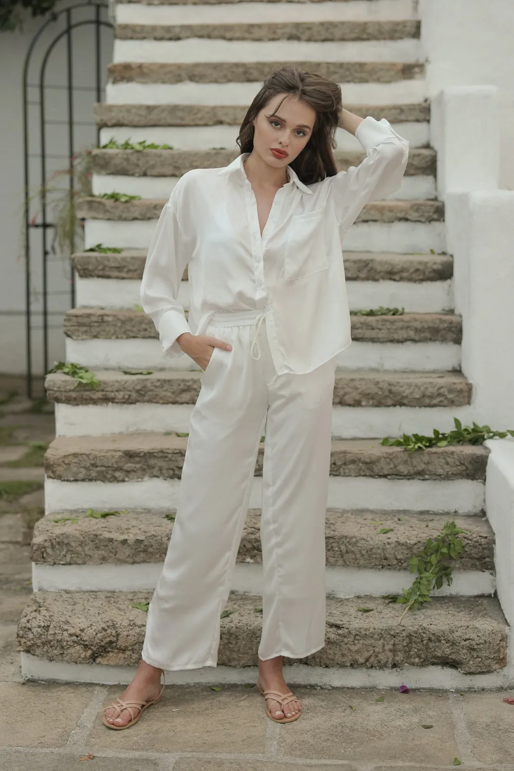 GROSSETO SET Silk Button Down Polo and Garterize Pant (White SC Silk)
