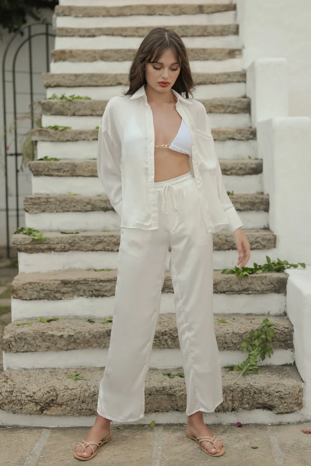 GROSSETO SET Silk Button Down Polo and Garterize Pant (White SC Silk)