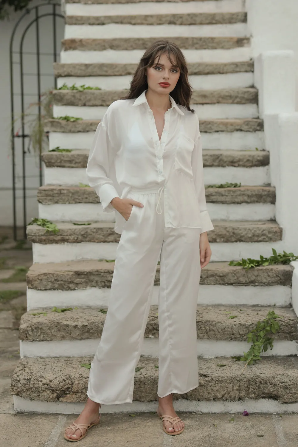 GROSSETO SET Silk Button Down Polo and Garterize Pant (White SC Silk)