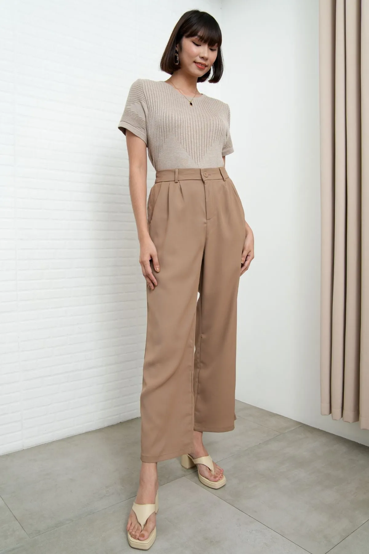 HARVEY High-Waist Tailored Straight Leg Trousers (Light Brown)