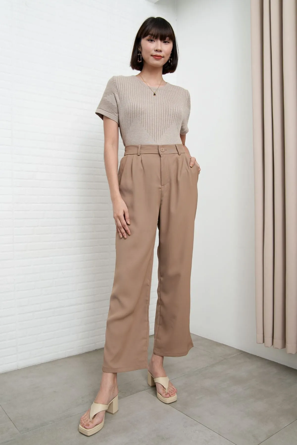 HARVEY High-Waist Tailored Straight Leg Trousers (Light Brown)