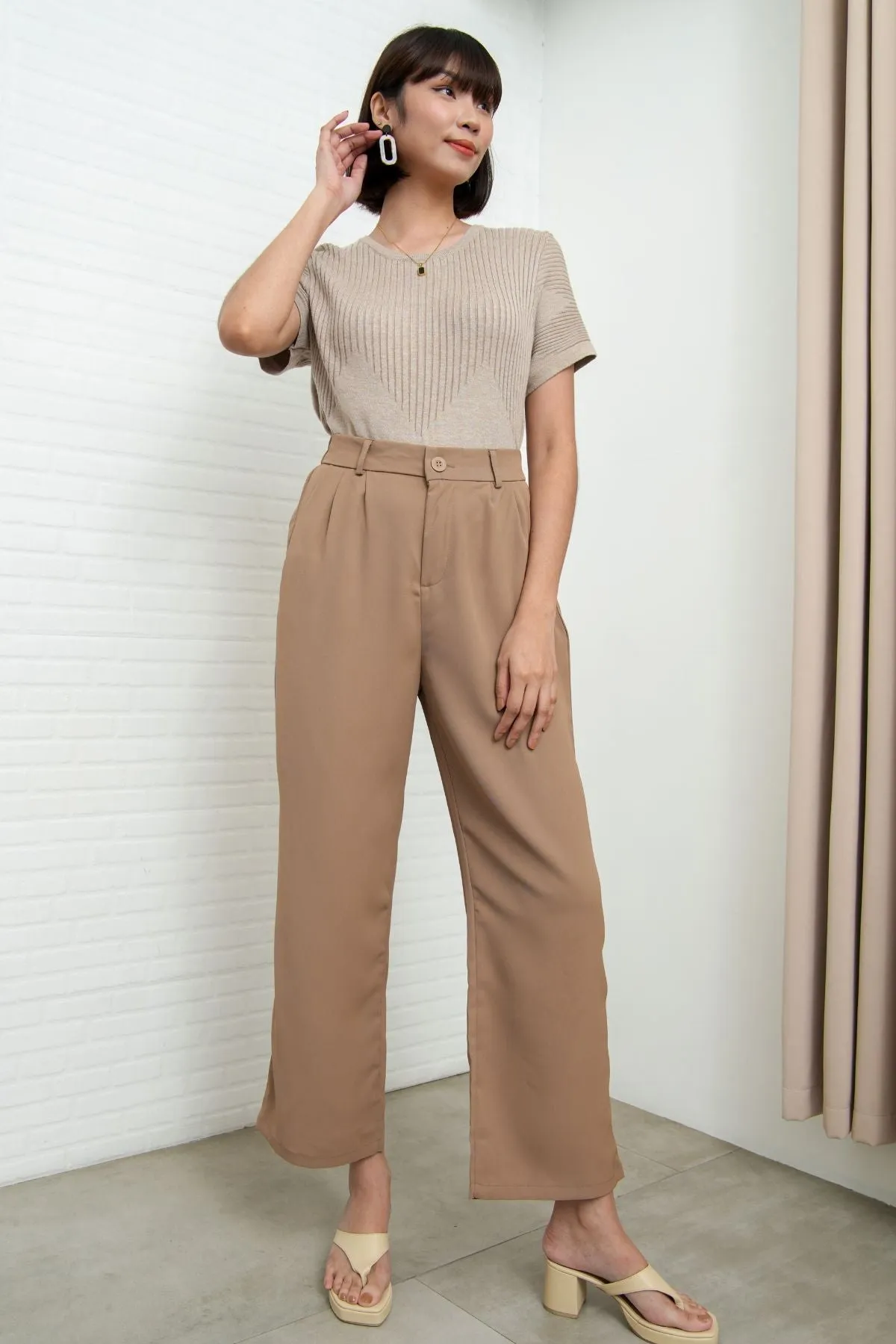 HARVEY High-Waist Tailored Straight Leg Trousers (Light Brown)