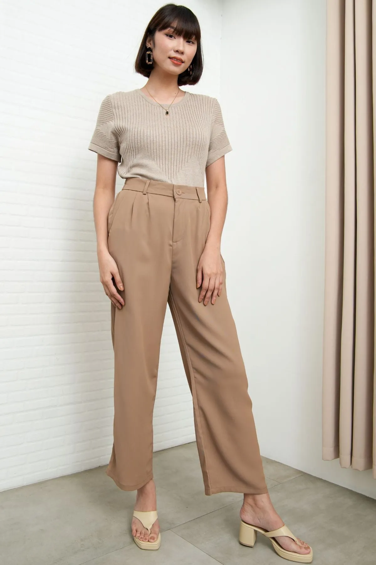 HARVEY High-Waist Tailored Straight Leg Trousers (Light Brown)