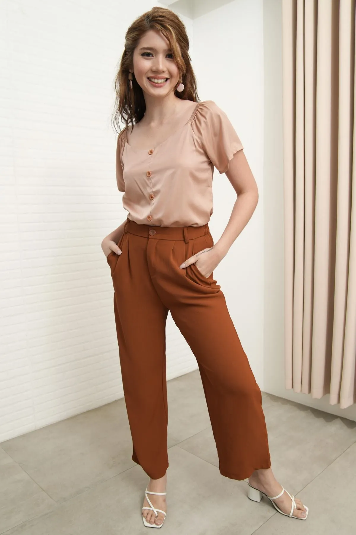 HARVEY High-Waist Tailored Straight Leg Trousers (Russet Brown)