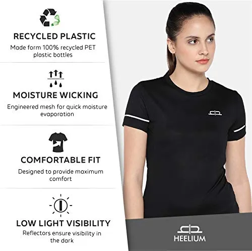 HEELIUM Women's Polyester T-Shirt for Sports, Gym, Yoga & Running, Black, Strechable Fit, Quick Dry (Sizes - S: 33 inch, M: 35 inch, L: 37 inch, XL: 39 inch)