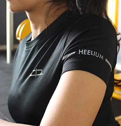 HEELIUM Women's Polyester T-Shirt for Sports, Gym, Yoga & Running, Black, Strechable Fit, Quick Dry (Sizes - S: 33 inch, M: 35 inch, L: 37 inch, XL: 39 inch)
