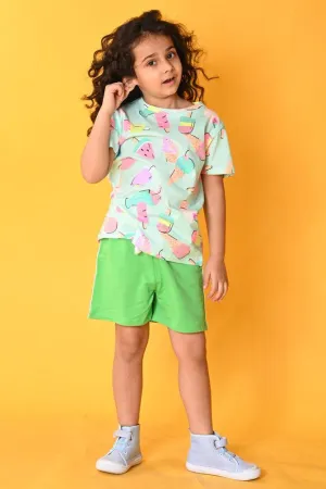 ICE CREAM GREEN SIDE TAPE SHORTS SET- AQUA/GREEN