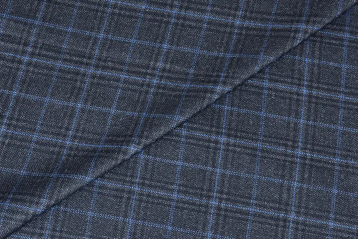 Iron Grey Tweed Fabrics with Black & Light Blue Checks ( 2 Meter Cut Piece)