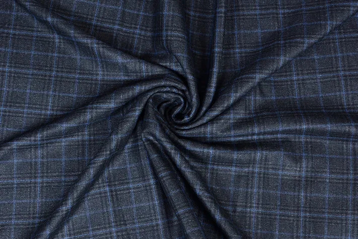 Iron Grey Tweed Fabrics with Black & Light Blue Checks ( 2 Meter Cut Piece)