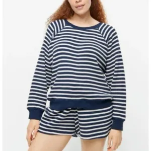 J. Crew Stripe Waffle Knit Crew Sweater   Shorts Blue Cream (large) lounge beach