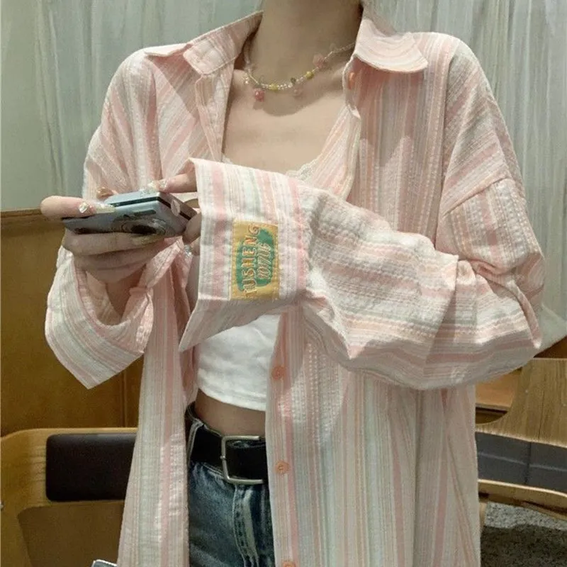 JazzHer Fashion Striped Turn Down Collar Shirt Women Korean Casual Top Loose Ladies Thin Coat Summer Female Sun Protection Shirt